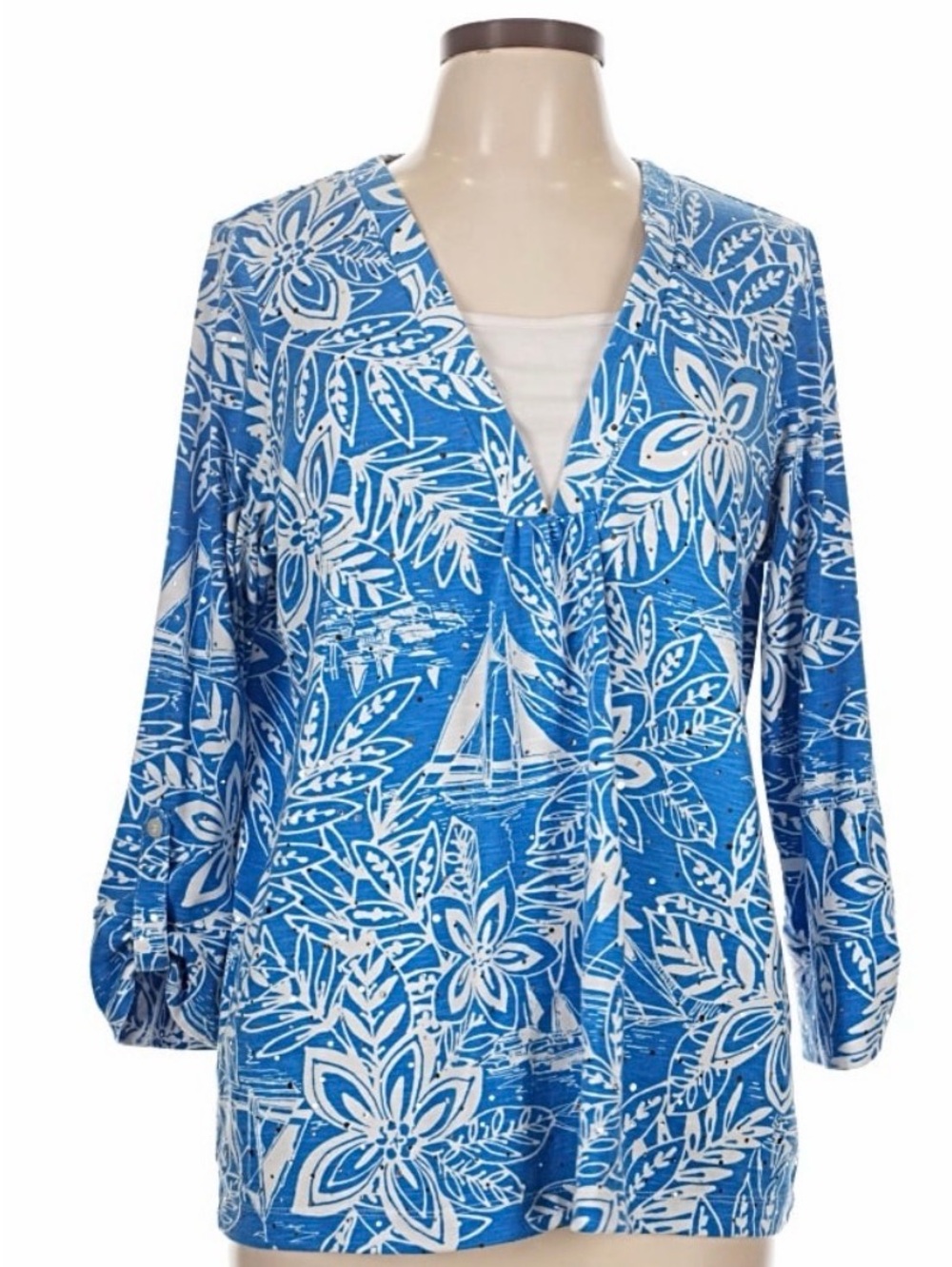 Cathy Daniels Blue and White Floral Sparkly V-Neck Tunic